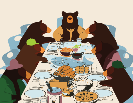 cartoon of a family of bears at a dinner table eating