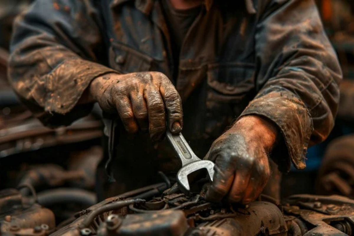 Close-up of a mechanic's hands covered in grease and oil holding a wrench, showing the effects of daily petrochemical exposure on skin.