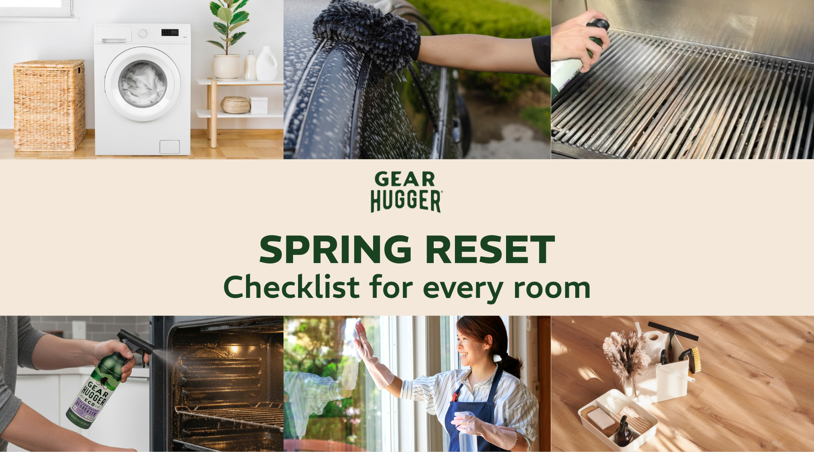 Bright spring home refresh: cleaning kitchen stove, bathroom tiles, garage tools, lubricating hinges with Gear Hugger in living room, bedroom, outdoor patio