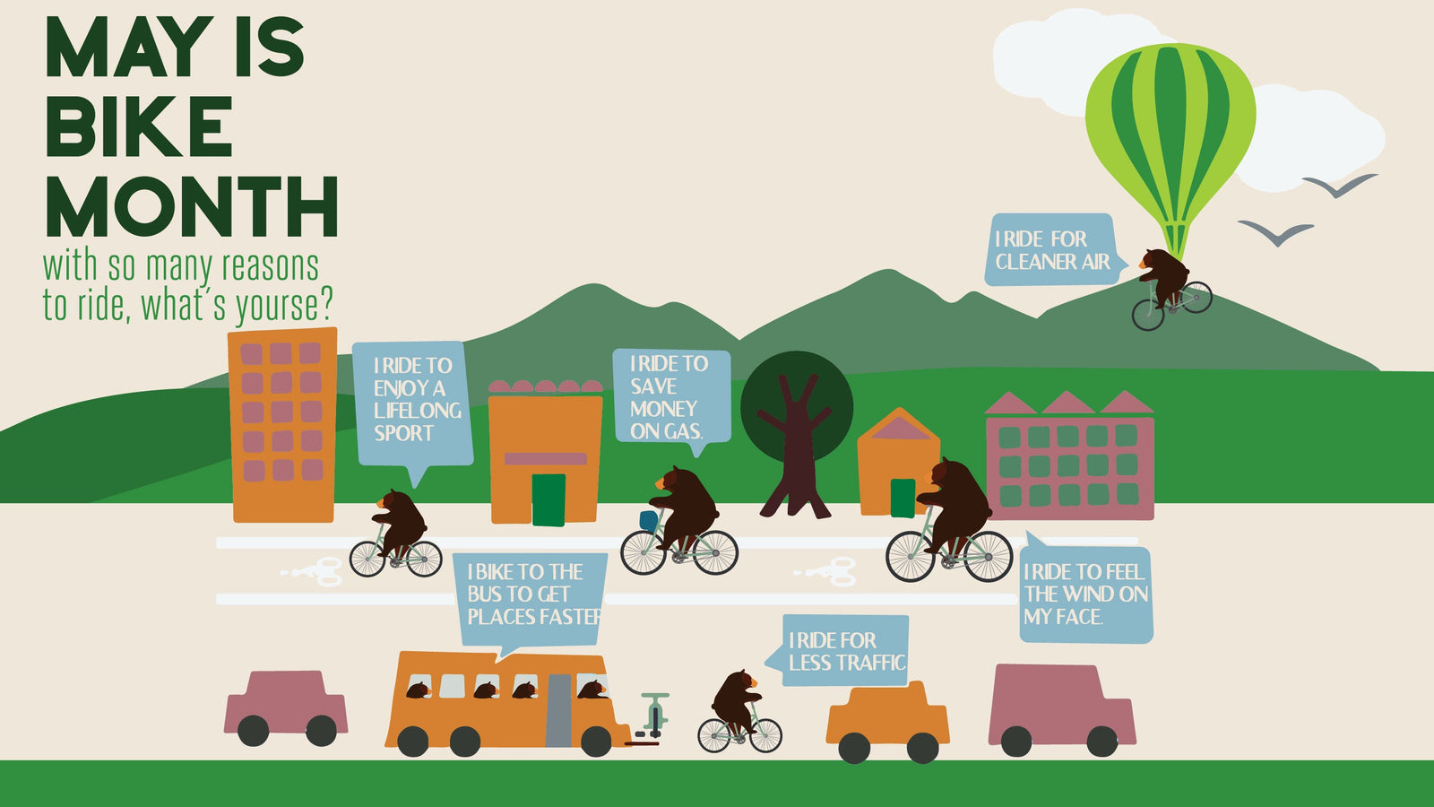 May is National Bike Month infographic showing cyclists and eco-friendly bike care tips
