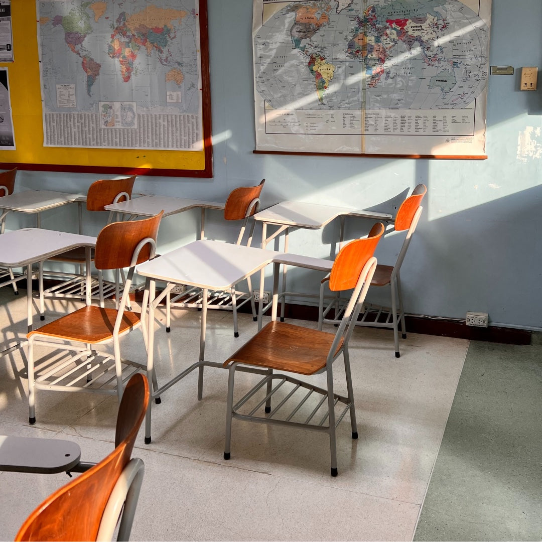 Classroom with desks and chairs maintained using Gear Hugger eco-friendly lubricant