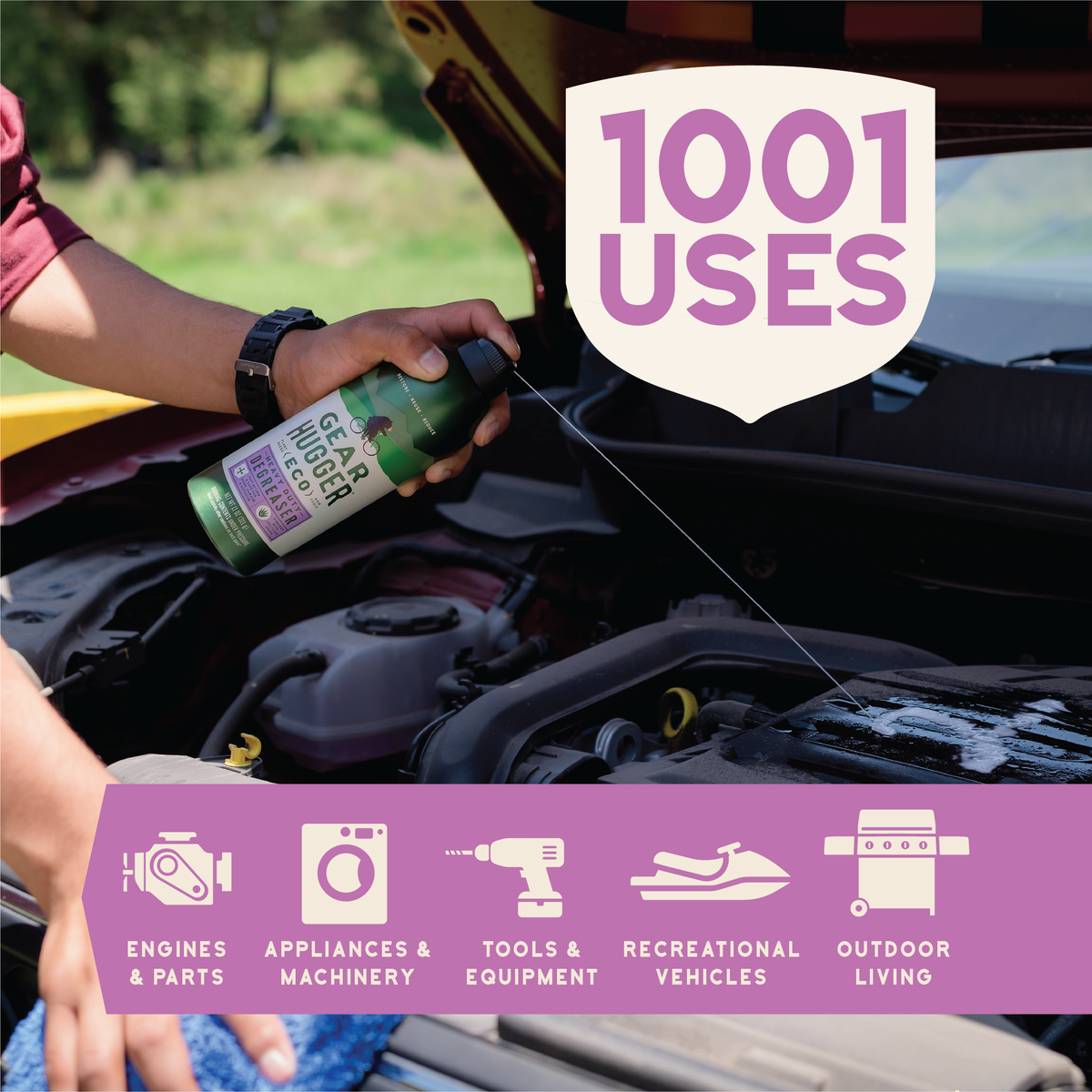 using a spray degreaser on a car engine