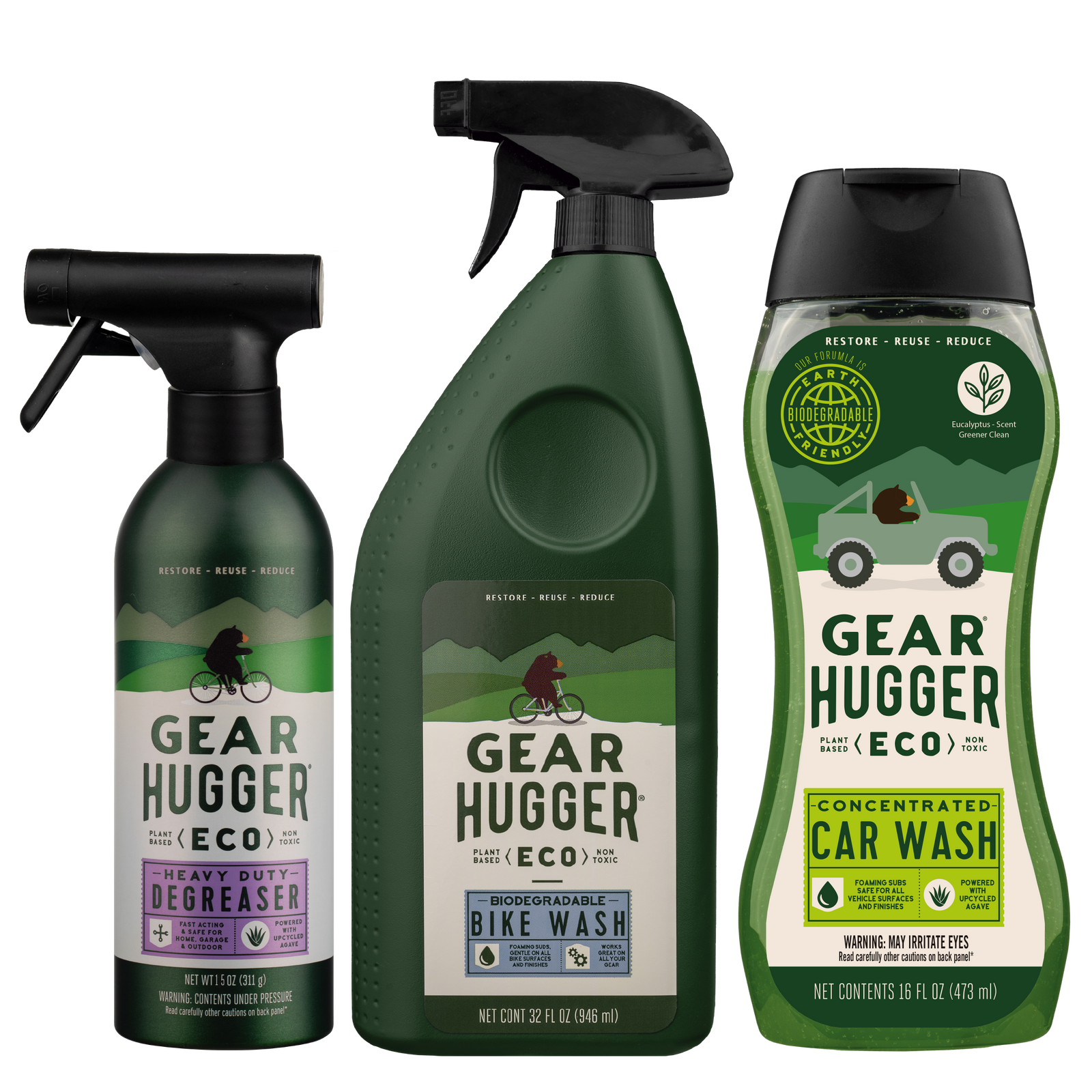 Eco plant-based bike wash, heavy-duty degreaser and concentrated car wash 3-piece bundle