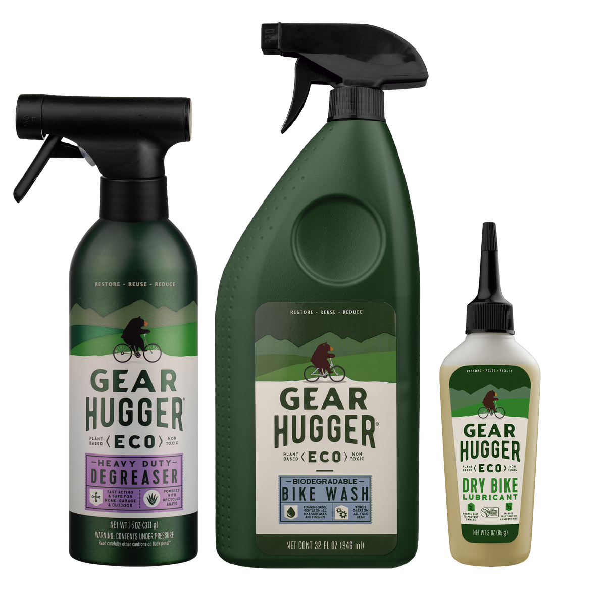 Eco plant-based bike wash, heavy-duty degreaser and dry bike lubricant 3-piece bundle