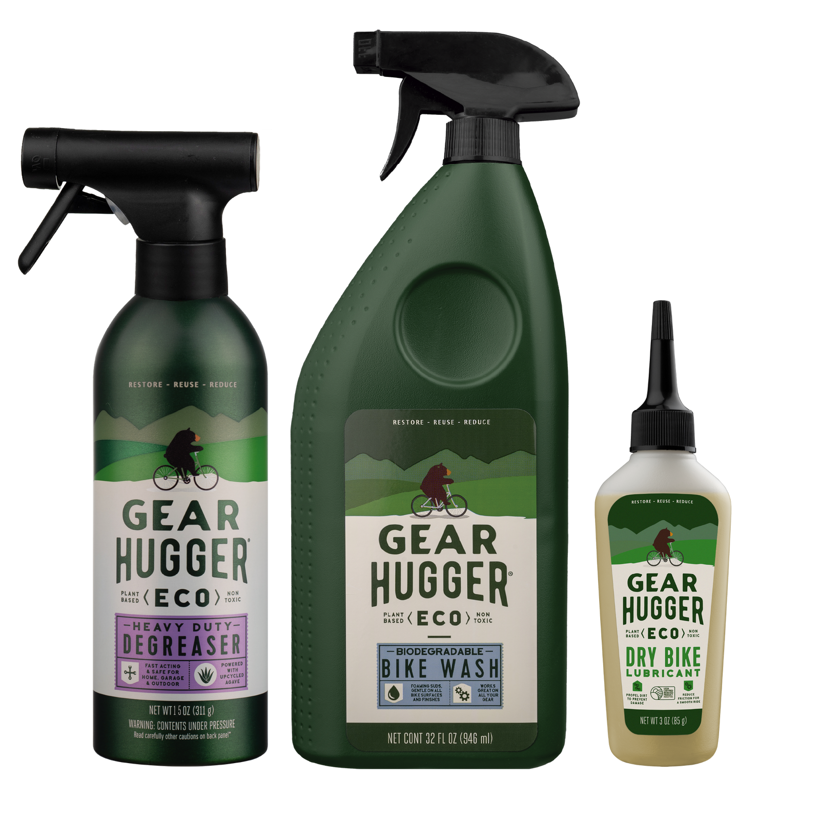 Eco plant-based bike wash, heavy-duty degreaser and dry bike lubricant 3-piece bundle