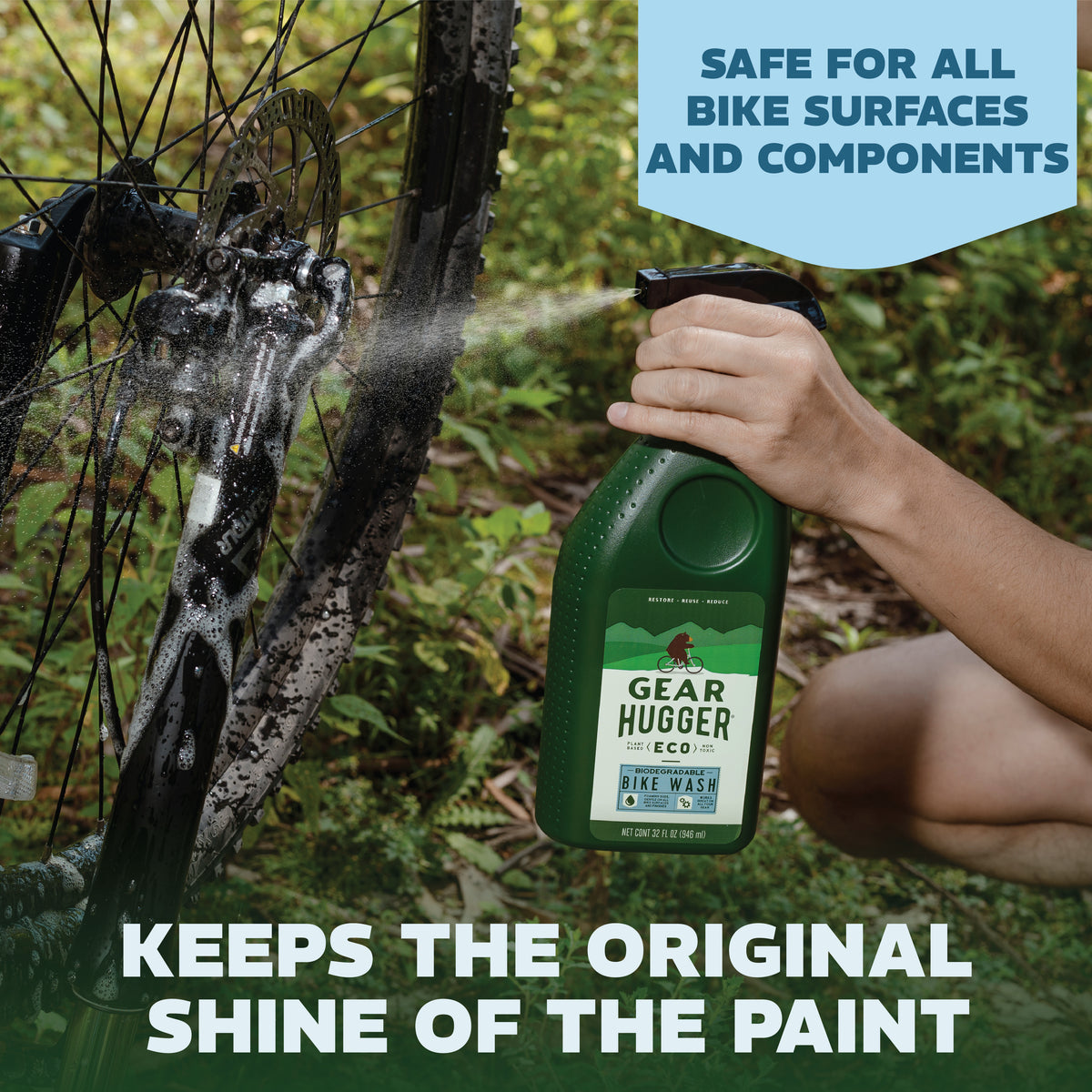 Eco bike wash sprayed on dirty bike wheel - safe for all surfaces, keeps original paint shine