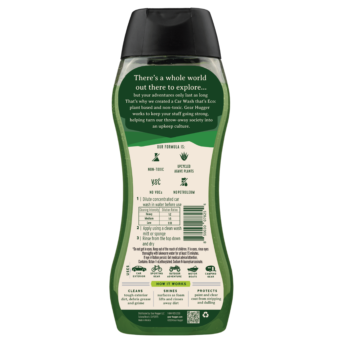 Car wash 16oz back label - non-toxic, no VOCs, no petroleum formula with dilution ratios and directions