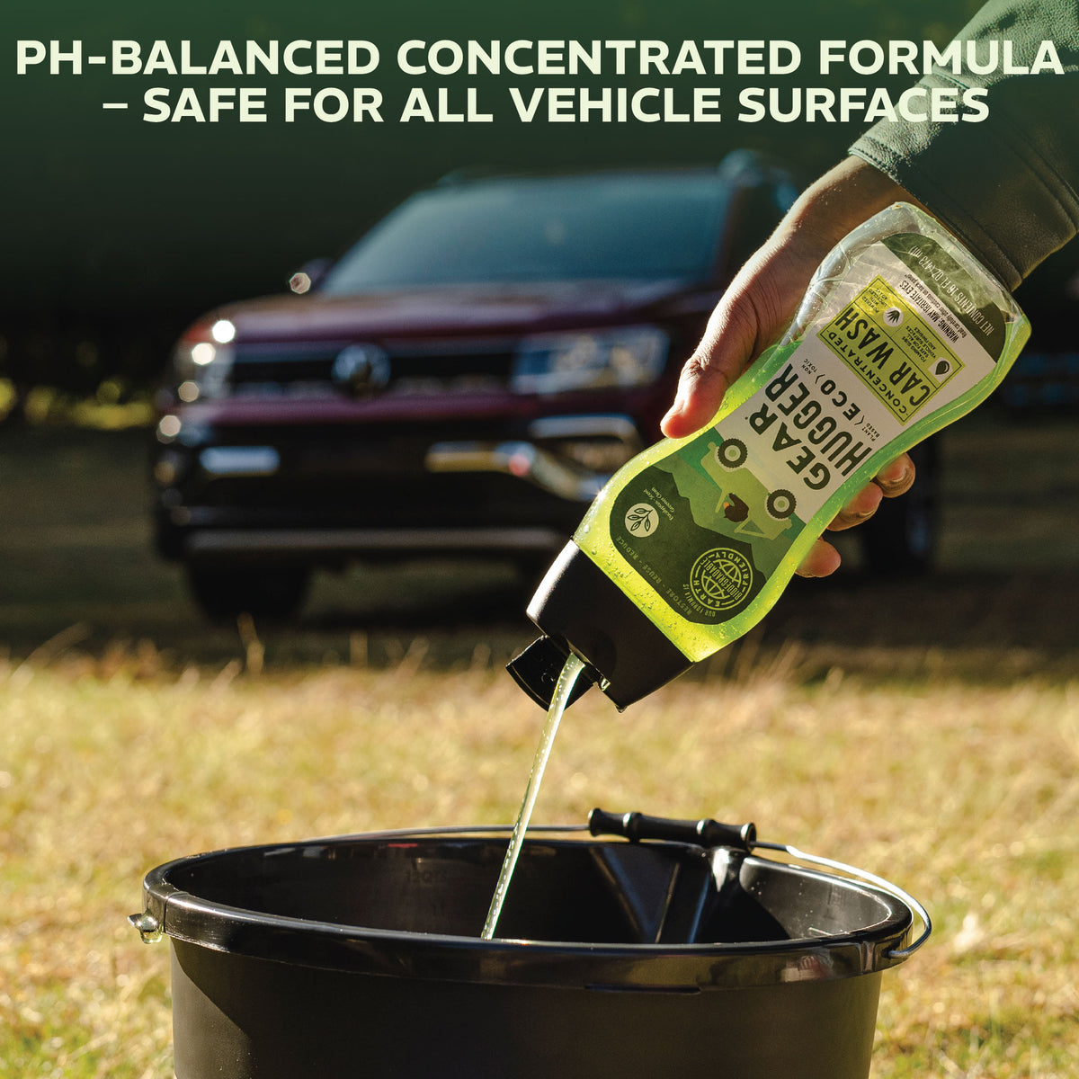 pH-balanced eco concentrated car wash 16oz poured into bucket - safe for all vehicle surfaces