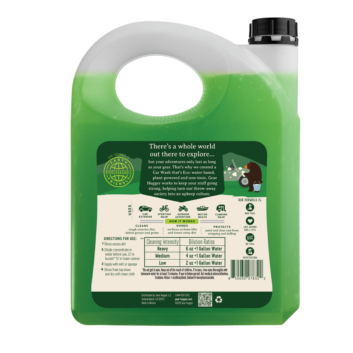Eco car wash 128oz gallon back label with directions for use and dilution ratios