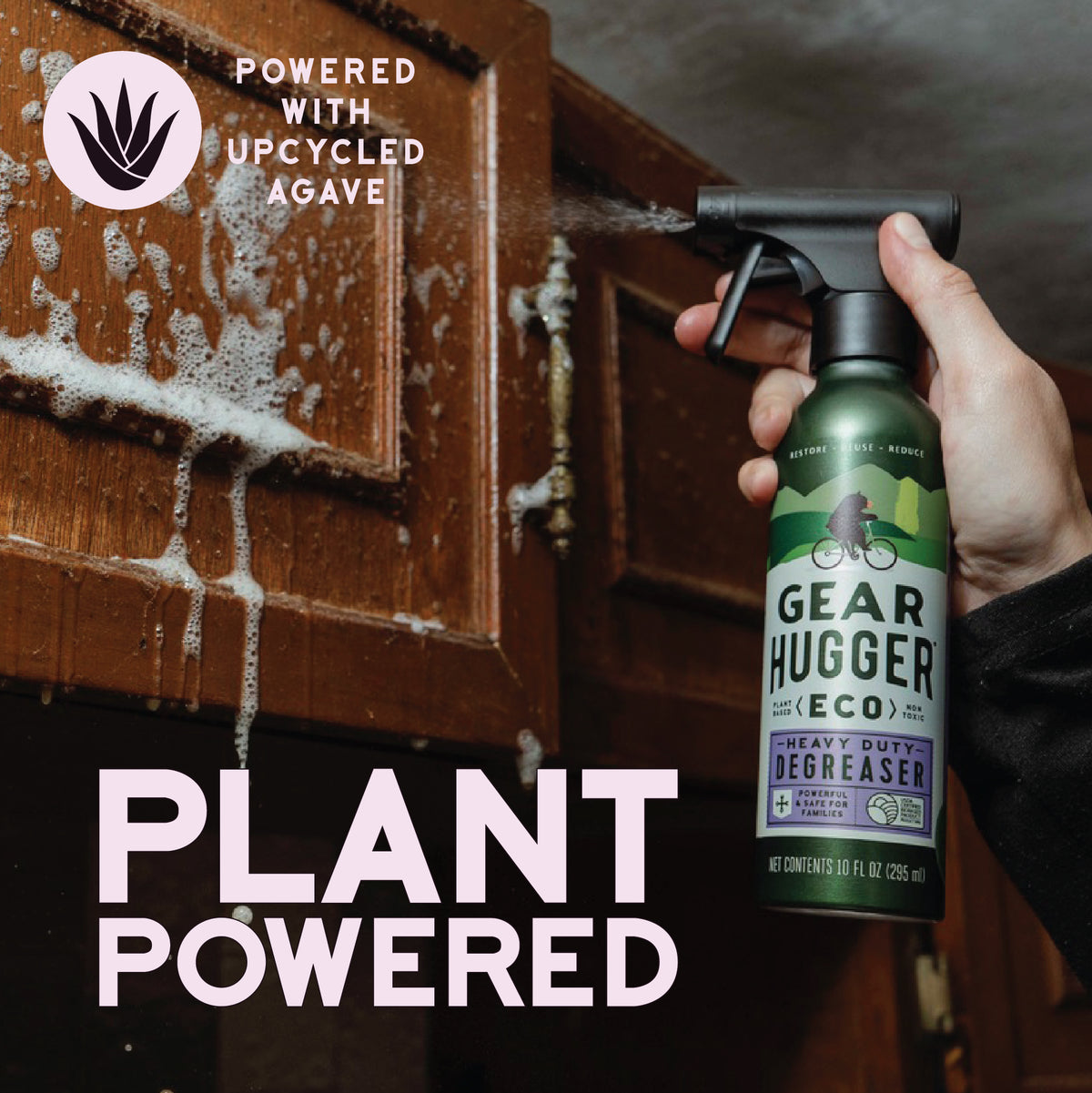 Plant-powered eco degreaser with upcycled agave - spraying on dirty surface, powerful yet non-toxic