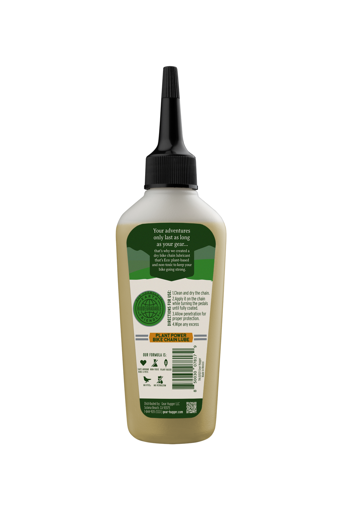 Eco dry bike lubricant 3.2oz back label - plant-based formula, ingredients and directions for use