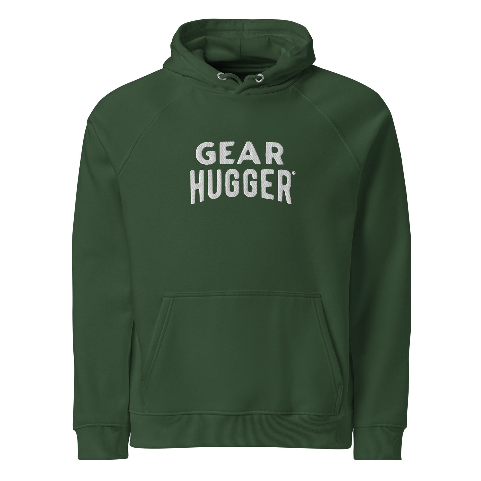 Green eco embroidered hoodie front - plant-powered outdoor sweatshirt with Gear Hugger logo