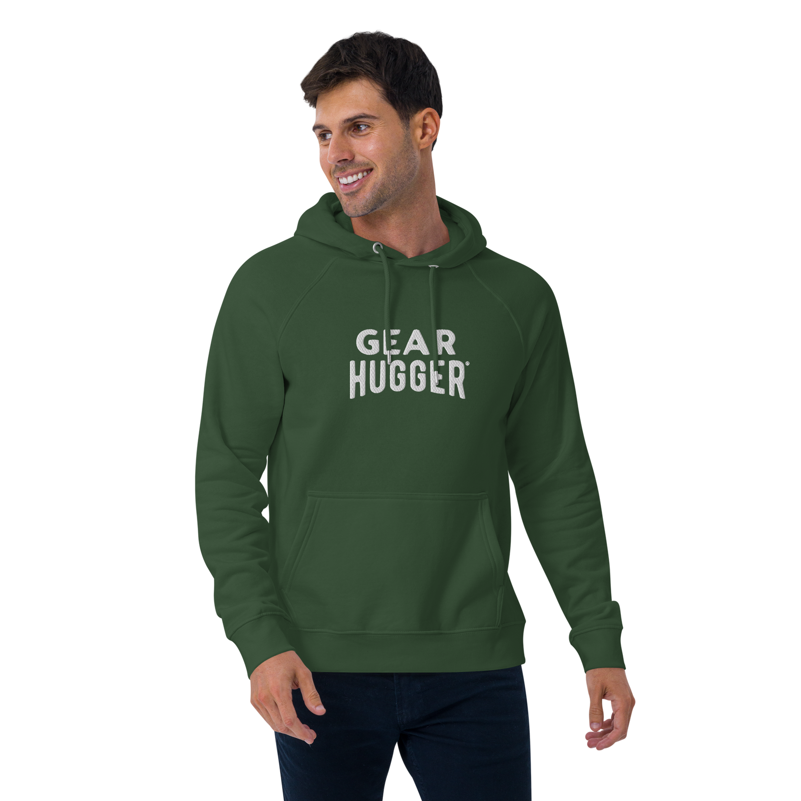 Green eco embroidered hoodie front - plant-powered outdoor sweatshirt with Gear Hugger logo