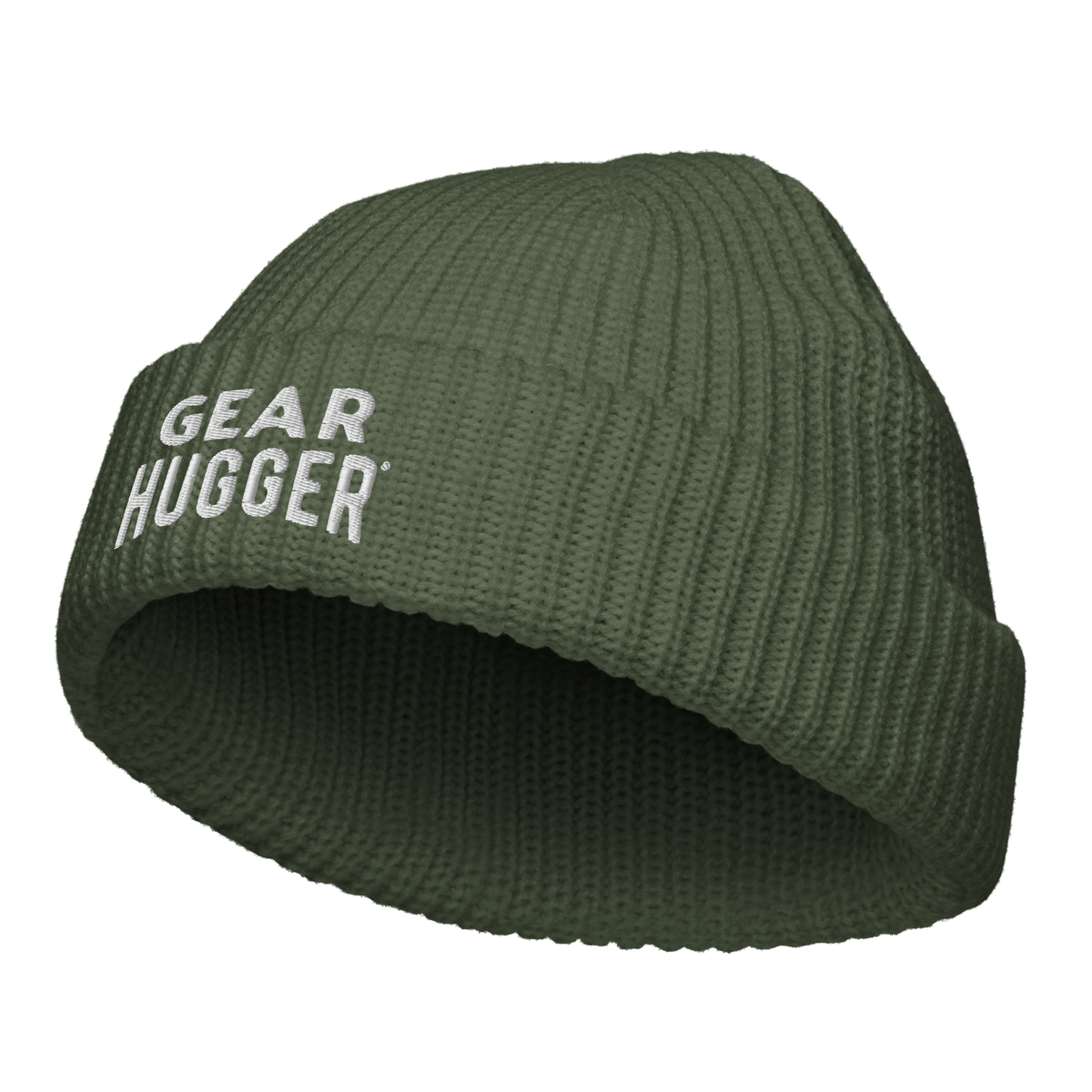 Green eco fisherman beanie angled product view - soft knit winter hat with embroidered Gear Hugger logo
