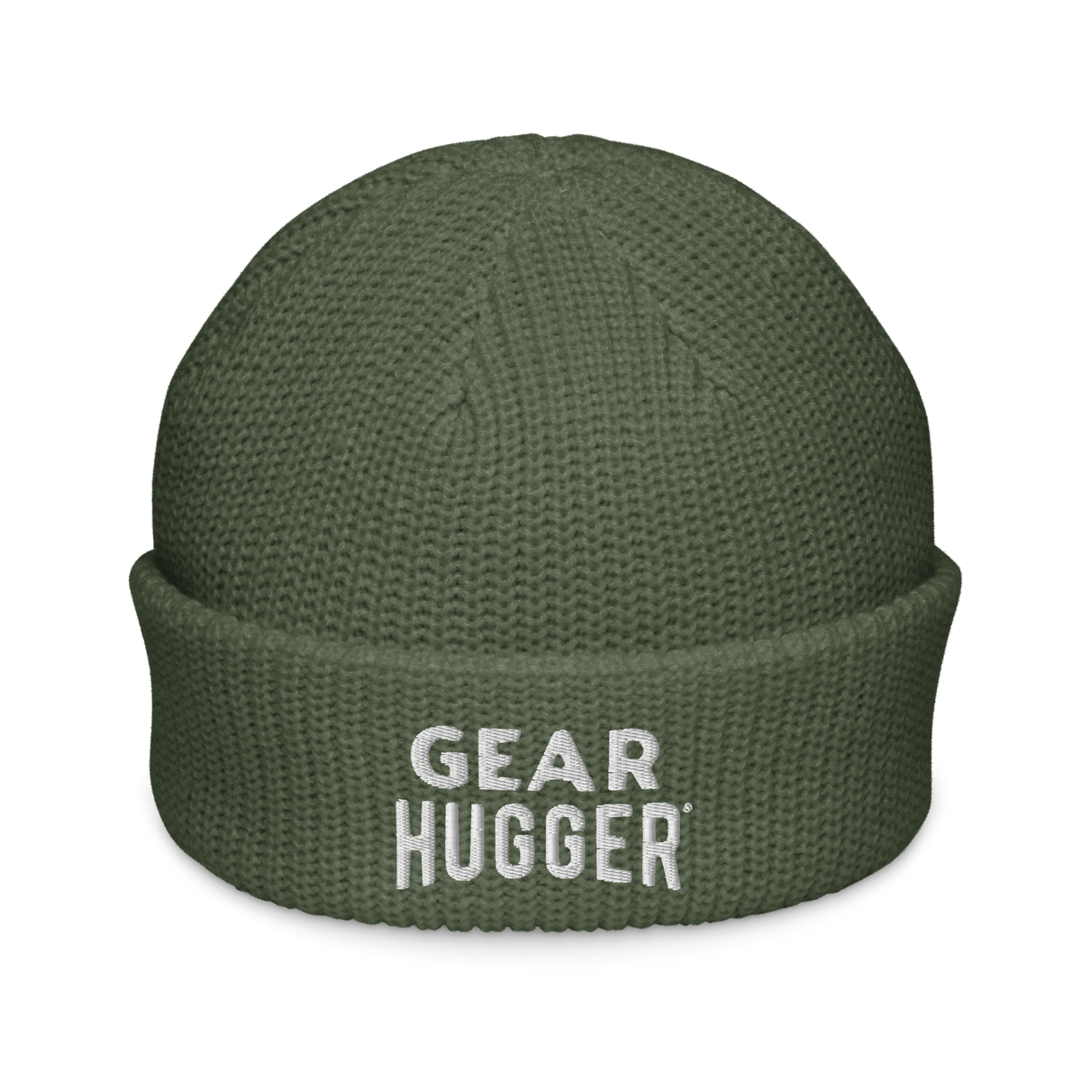 Green eco fisherman beanie with embroidered Gear Hugger logo - front view
