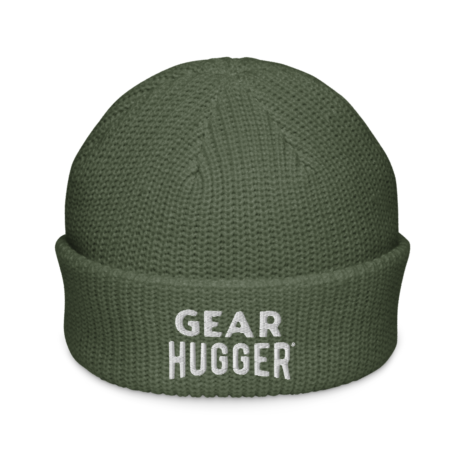 Green eco fisherman beanie with embroidered Gear Hugger logo - front view