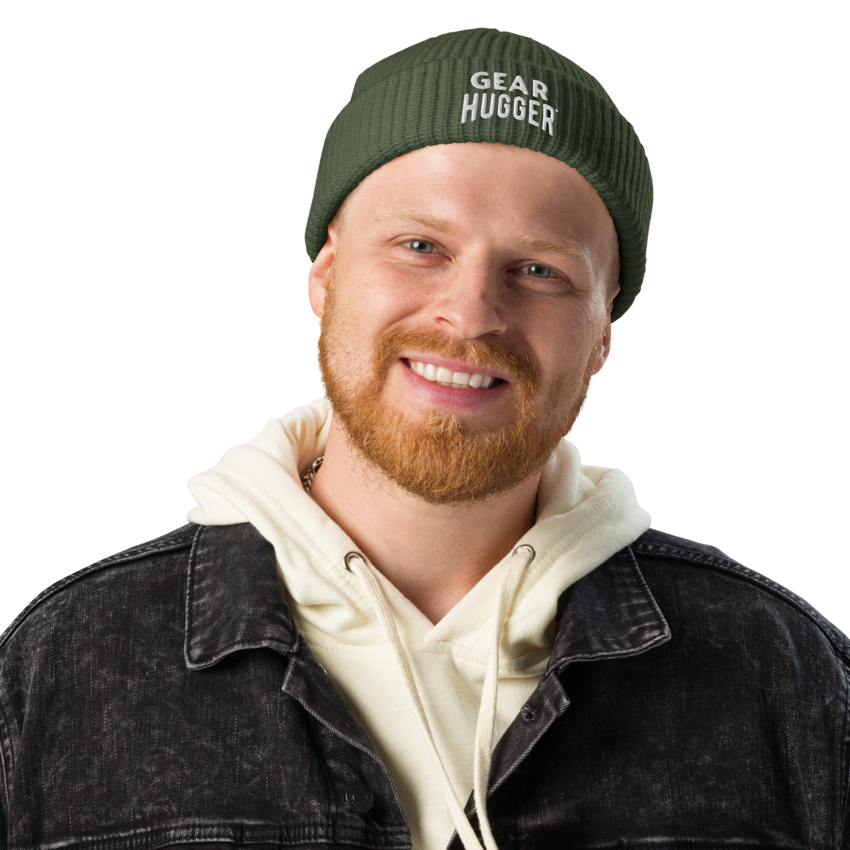 Man wearing green eco fisherman beanie with embroidered Gear Hugger logo - lifestyle shot