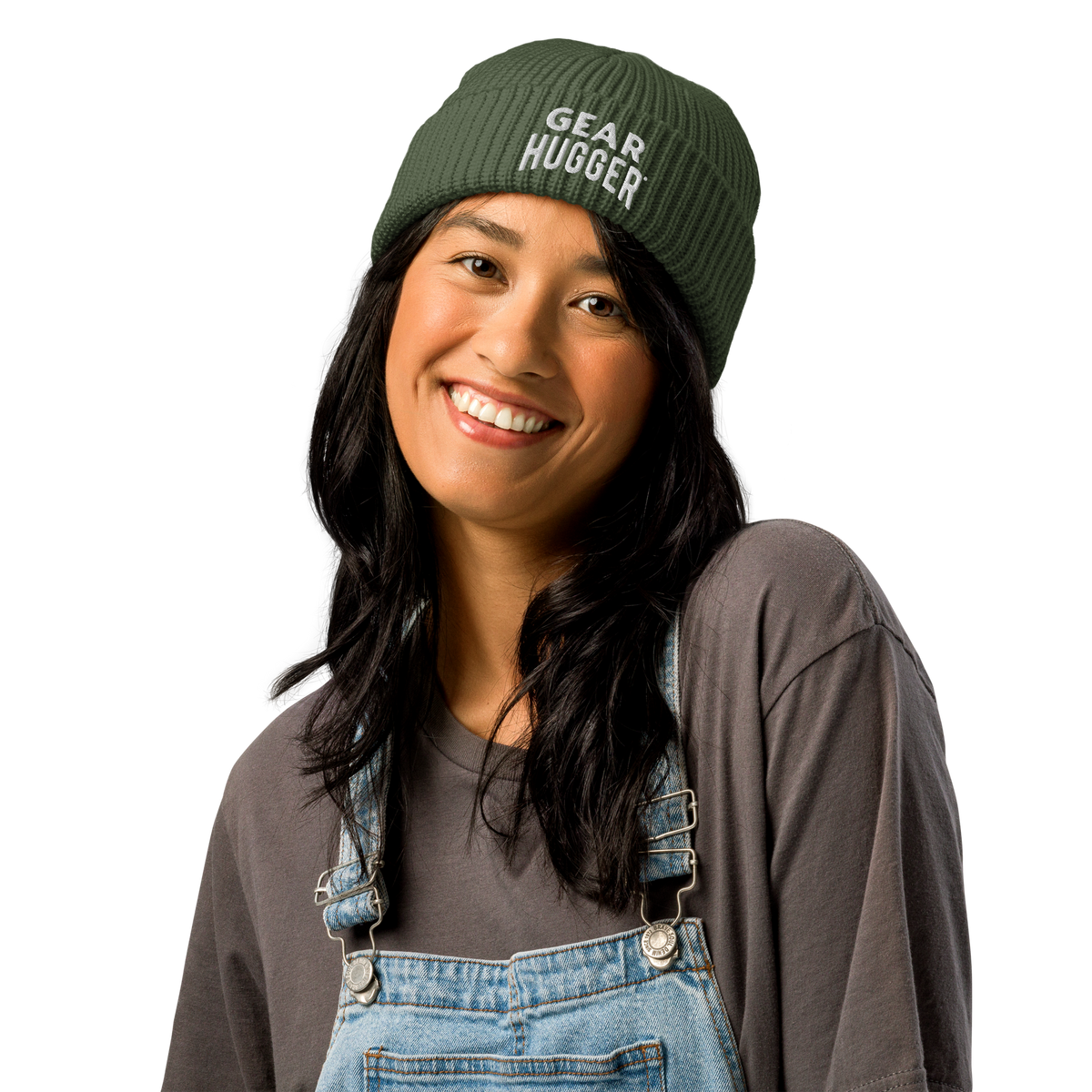 Green eco fisherman beanie side view - plant-powered outdoor headwear with embroidered logo