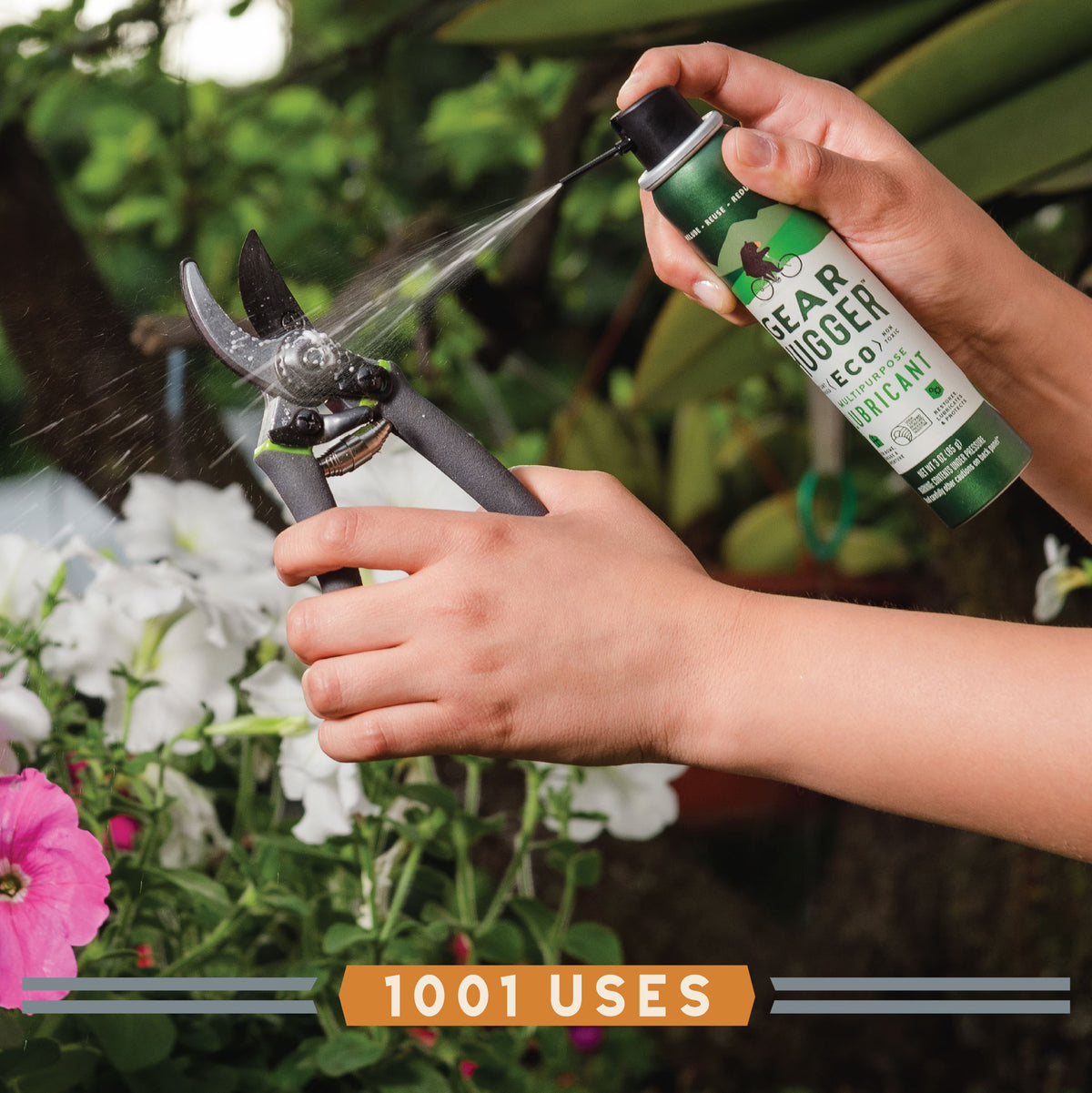 Eco multipurpose lubricant 3oz spraying on garden pruners - 1001 uses, plant-based, non-toxic