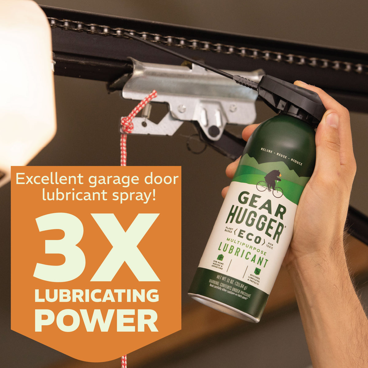 Eco multipurpose lubricant 11oz applied to garage door - 3x lubricating power, plant-based spray