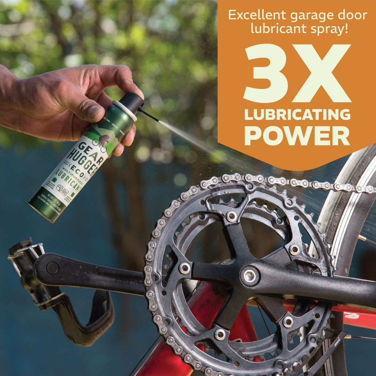 Eco multipurpose lubricant 3X power applied to bike chainring - excellent for garage doors, chains and hinges