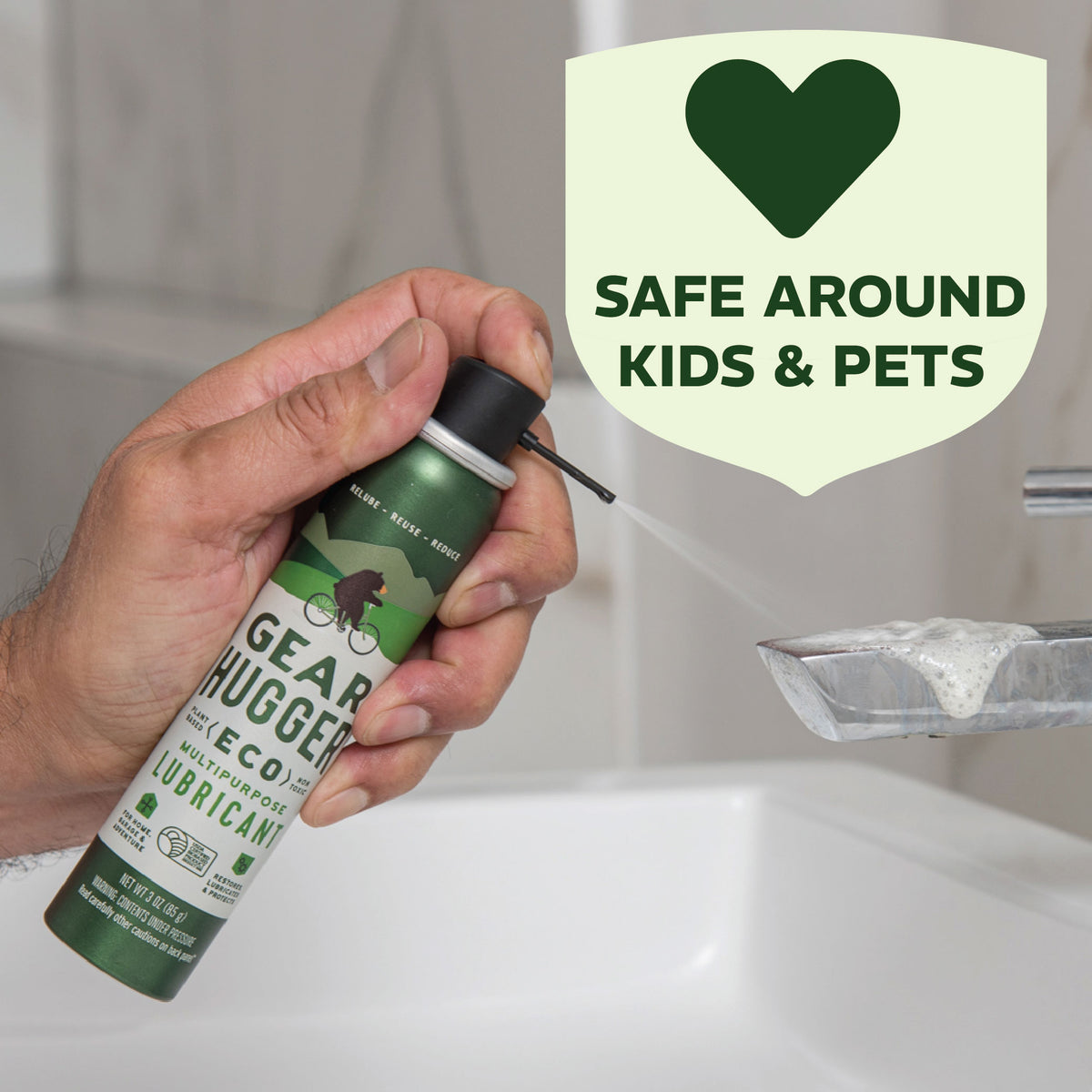Eco multipurpose lubricant applied to bathroom faucet - safe around kids and pets, non-toxic plant-based