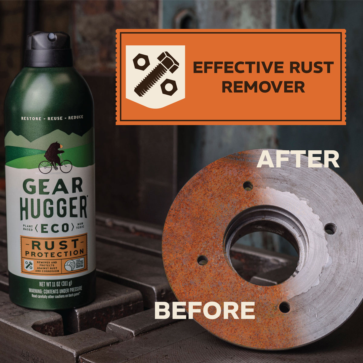 Eco rust remover before and after on metal rotor - dissolves rust and corrosion effectively