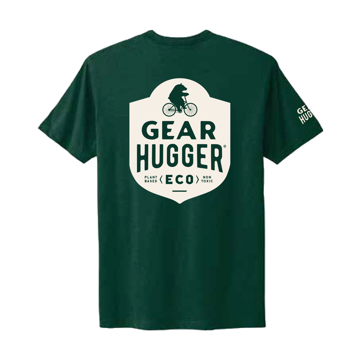 Gear Hugger Eco green t-shirt back - plant-based, non-toxic badge with bear on bike graphic