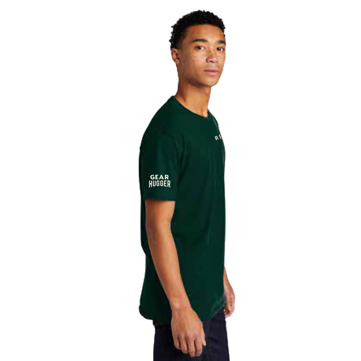 Person wearing Gear Hugger green eco t-shirt side view - moisture-wicking, great for biking and hiking