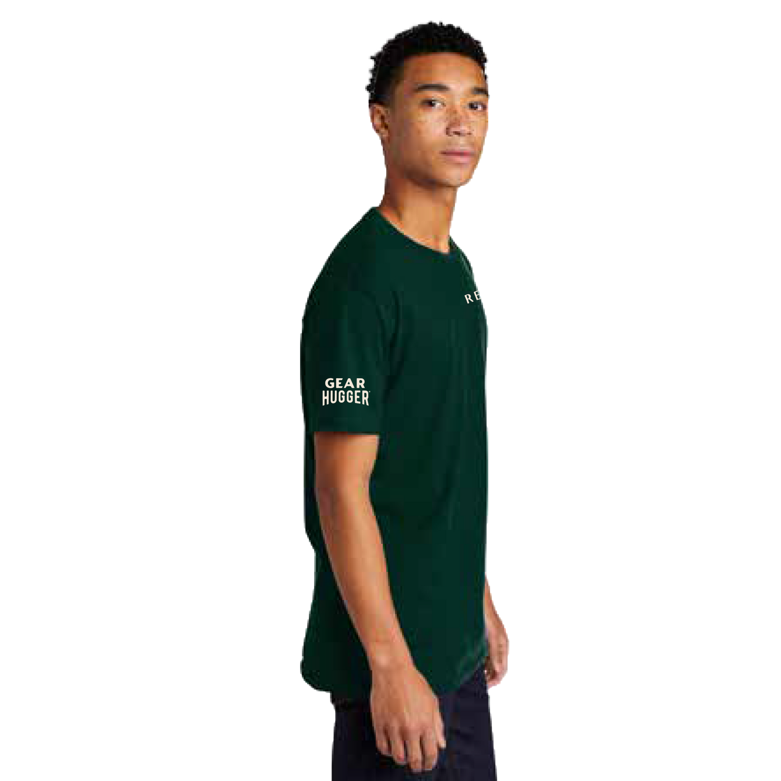 Gear Hugger green eco t-shirt front - Restore Reuse Reduce slogan, moisture-wicking, great for biking