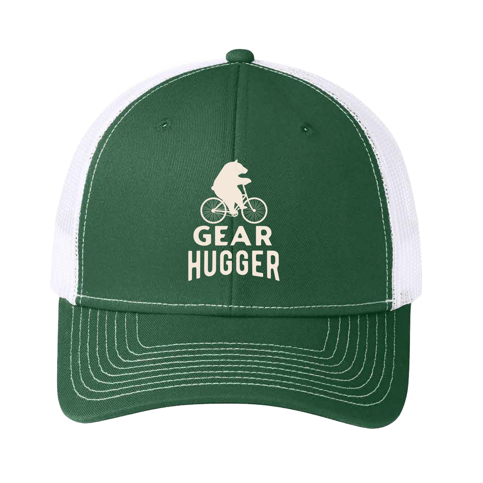 Gear Hugger green trucker hat with bear on bike logo - breathable mesh back, adjustable snapback