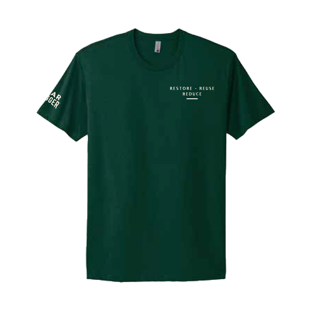 Gear Hugger green eco t-shirt front - Restore Reuse Reduce slogan, moisture-wicking, great for biking