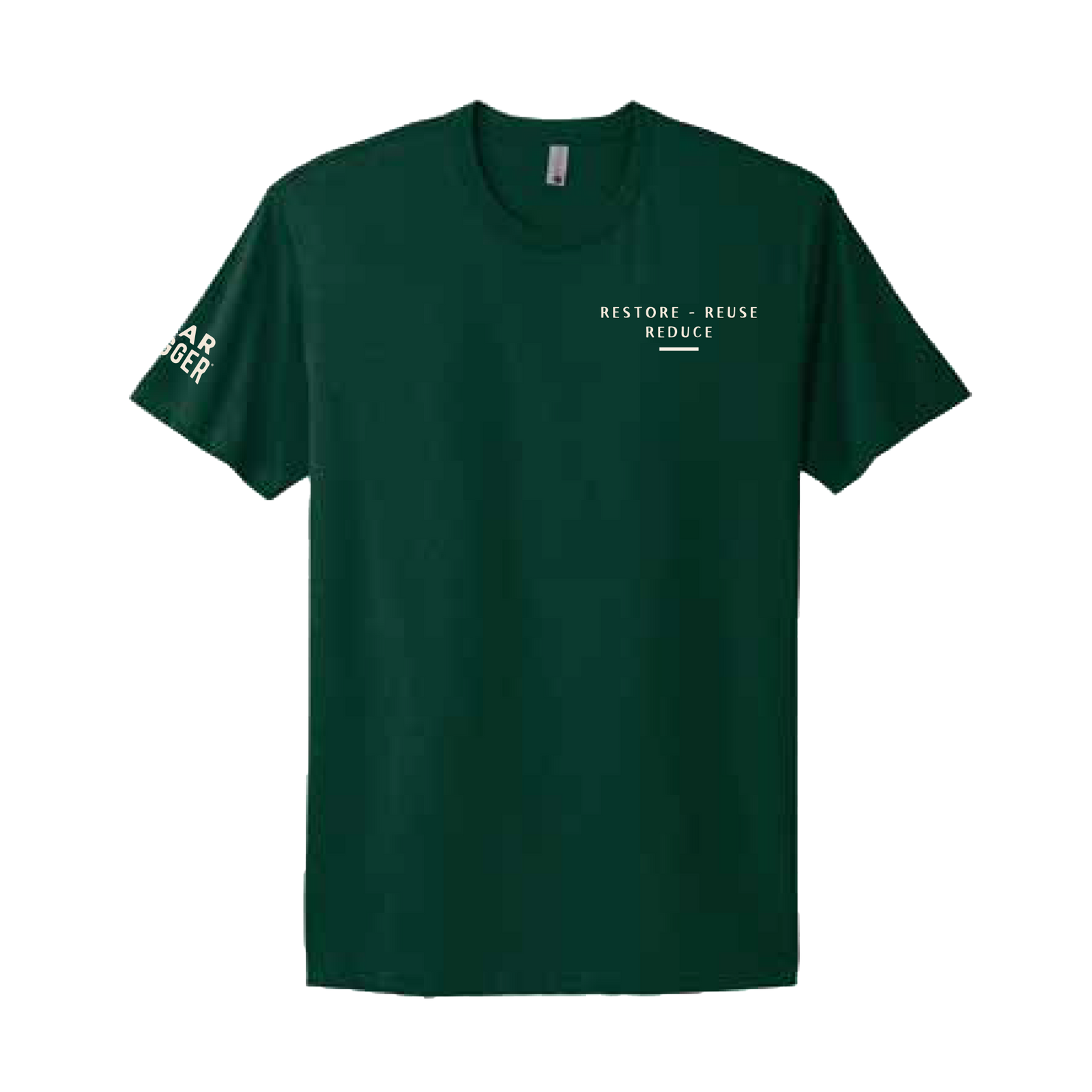 Gear Hugger green eco t-shirt front - Restore Reuse Reduce slogan, moisture-wicking, great for biking