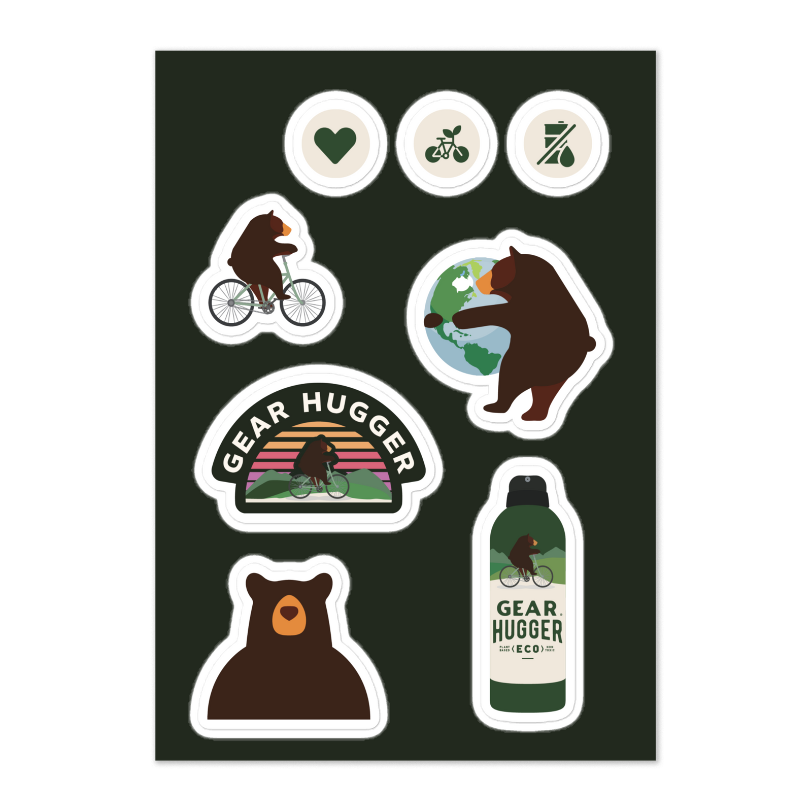 Gear Hugger eco sticker sheet - bear cycling, planet, and lubricant bottle designs on dark background