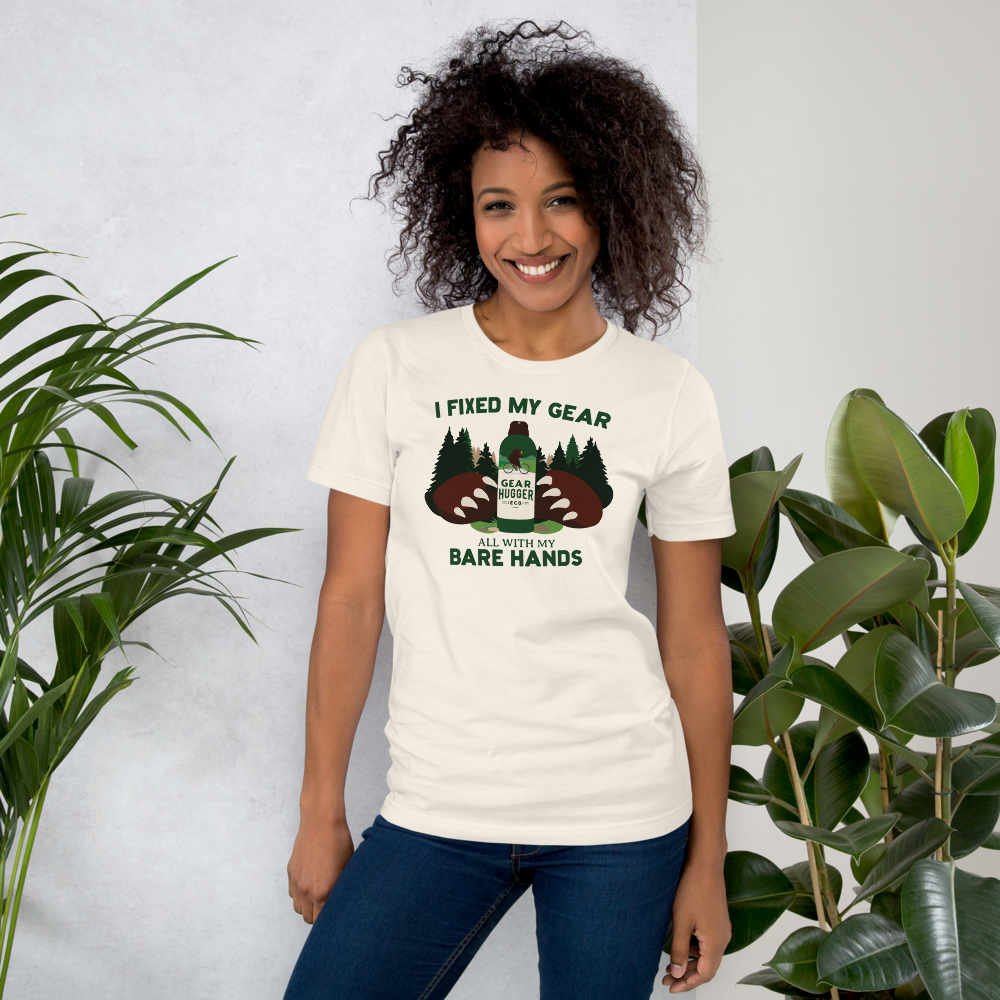 Woman wearing eco-friendly outdoor graphic tee - plant-based lubricant brand lifestyle shot